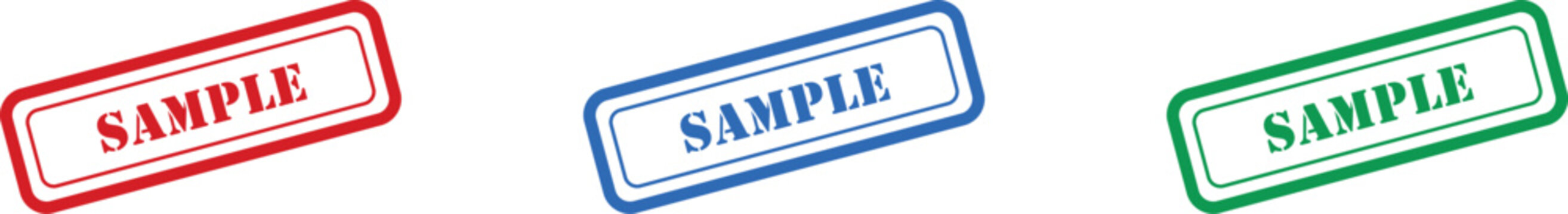 Set of three colorful rectangular stamps featuring the word SAMPLE on an isolated white background