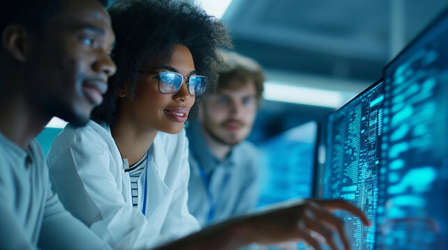 Team of data analysts interpreting big data on a digital screen with complex visualizations, modern office analytical atmosphere concept, with copy space