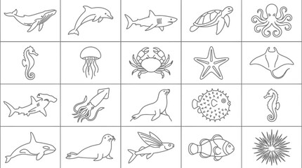 Fototapeta premium Diverse Collection of Marine Animal Silhouette Icons A Comprehensive Set of Underwater Wildlife Line Art for Aquatic Themed Designs and Educational Content