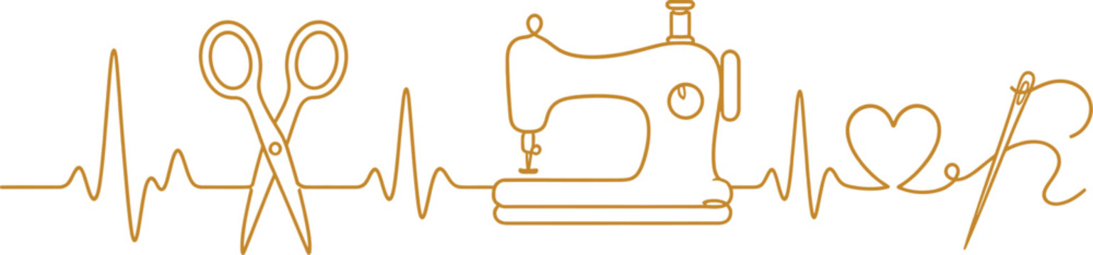 Sewing Heartbeat Line Art with Sewing Machine Scissors Needle and Heart Craft Illustration