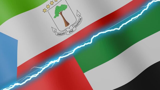 Two waving flags Equatorial Guinea and United Arab Emirates with diagonal lightning seamless, 4k loop