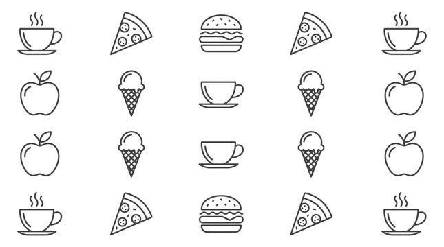 A comprehensive collection of diverse food and beverage silhouettes, showcasing popular culinary items like pizza, burgers, coffee cups, ice cream, and apples in a clean, minimalist concept pattern