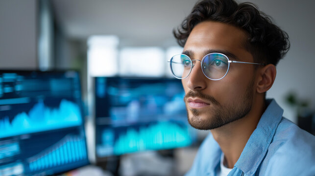 Man looking at computer monitors with data visualization displayed, data analysis professional concept, defocused background, with copy space