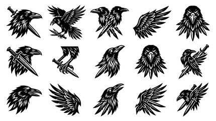 Fototapeta premium Set of Stylized Graphic Monochrome Raven and Crow Illustrations with Swords Ideal for Fantasy, Mythology, Tattoo Design, or Esport Mascot Logos
