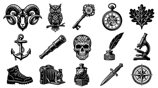 Steampunk Tattoo Design Elements - Ram Skull Owl Key Pocket Watch Oak Leaf Anchor Spyglass Microscope Boots Train Dagger Compass