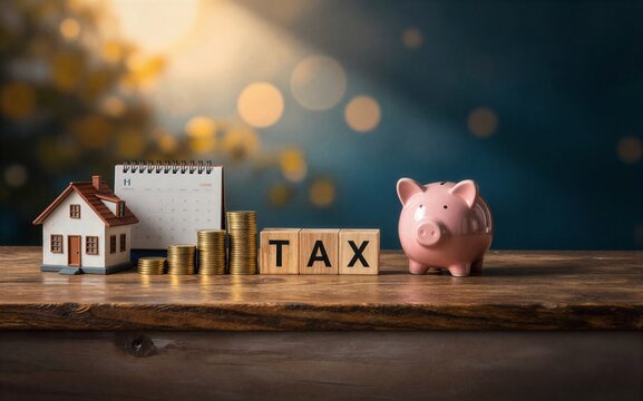 House coins tax blocks piggy bank on wooden table with blurred