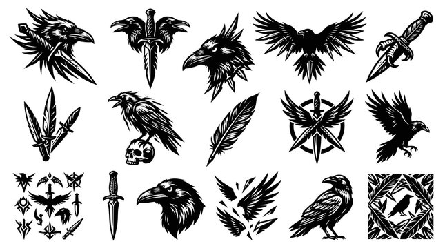 Mythology and Viking Raven, Sword, and Feather Detailed Black  White Vector Illustration Set. Fantasy Birds, Daggers, and Skull Graphic Assets.