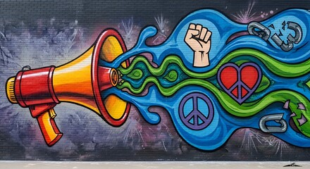 Graffiti Megaphone Broadcasting Peace, Love, and Justice Symbols