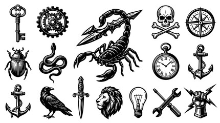Fototapeta premium Vintage Black and White Line Art Illustration Set of Diverse Symbols, Icons Elements. Retro Graphic Design Concepts Collection.