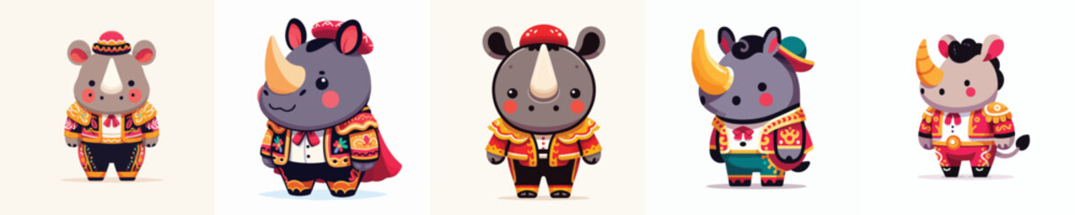 Naklejka premium cute rhino vector in spanish matador costume
