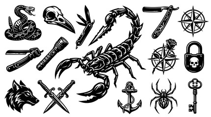 Fototapeta premium Black and White Vintage Tattoo Style Vector Art Collection: Engraved Illustrations of Wildlife, Tools, and Mystical Symbols for Design Elements.
