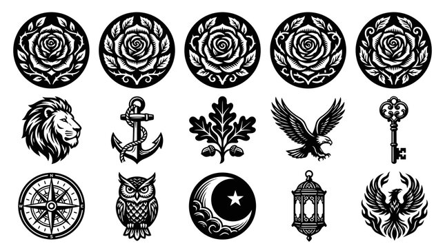 Monochrome Vector Design Elements Collection: Ornate Rose, Lion, Anchor, Eagle, Owl, Compass, Key, Crescent Moon, Lantern, Phoenix Emblems Set