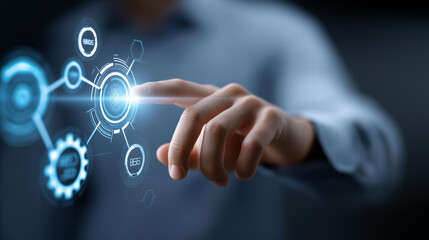 Fototapeta premium Person touching icons about database engineering computing and machine learning, big data and AI process automation concept, with copy space