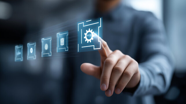 Person touching icons about database engineering computing and machine learning, big data and AI process automation concept, with copy space