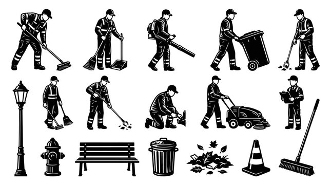 Black and White Line Art of Sanitation Workers with Cleaning Tools and Equipment for Urban Hygiene