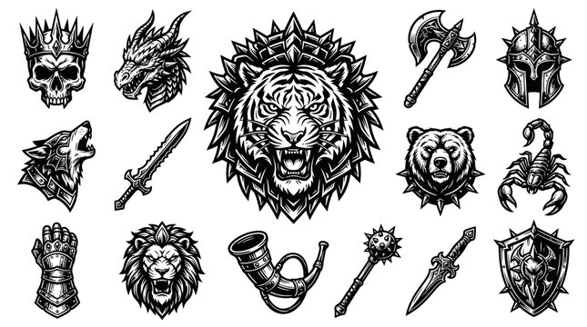 Black and White Vector Icons of Fantasy Warrior Symbols: Lion, Dragon, Wolf, Tiger, Skull, Armor, Weapons