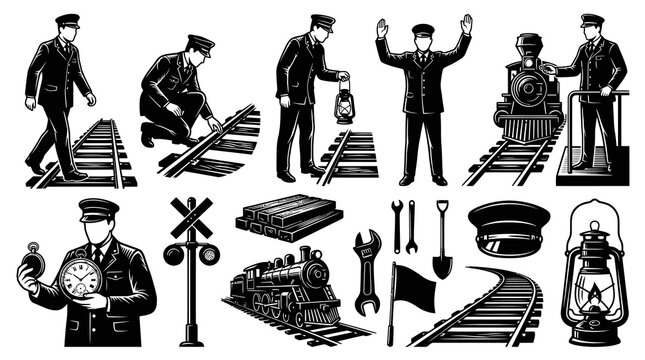 Railway Transportation Black  White Line Art Illustrations Set. Train Conductors, Locomotive, Tracks, Lanterns, and Vintage Elements Collection.