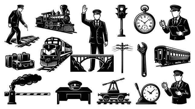 Vintage Railroad Industry Black and White Line Art Icons Set. Monochrome Railway Elements Collection with Train Conductors, Locomotives, Tracks, and Signals.