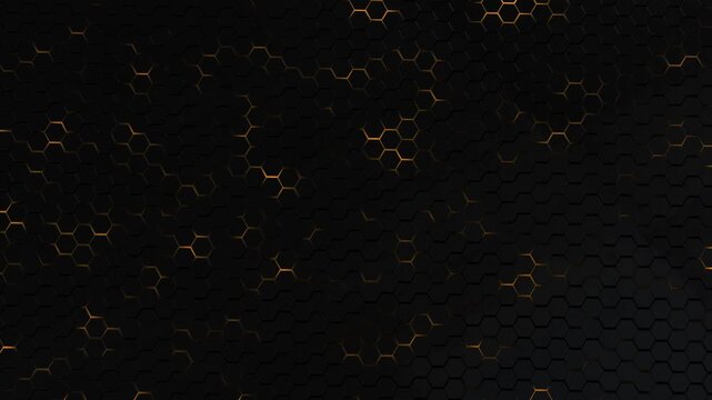 Black hexagon gold background dark honeycomb tiles, subtle metallic outlines, premium geometric depth. for technology videos, luxury intros, corporate slides, cyber themes, and modern overlays.