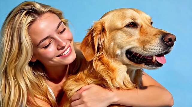 Young woman hugging golden retriever