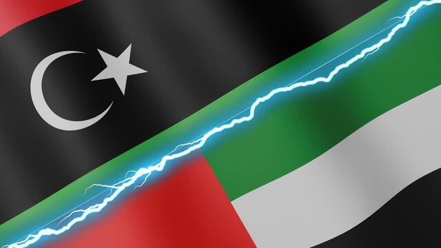 Two waving flags Libya and United Arab Emirates with diagonal lightning seamless, 4k loop