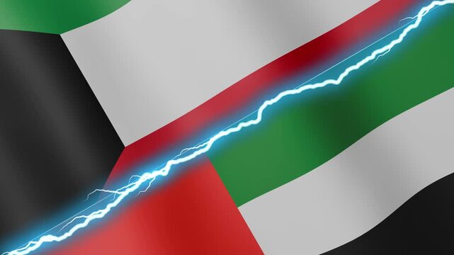 Two waving flags Kuwait and United Arab Emirates with diagonal lightning seamless, 4k loop
