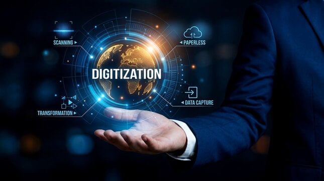 Digitization concept with businessman holding glowing earth globe, digital transformation and data capture icons, paperless office technology