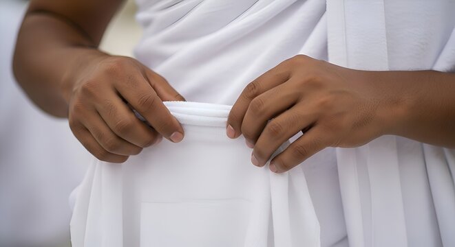 Muslim man's hands adjusting ihram clothing for Hajj or Umrah pilgrimage.