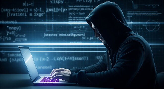Hacker in hoodie typing on laptop with holographic code interface in dark cyber security concept scene
