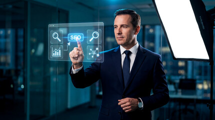 Obraz premium SEO search optimization, a businessman interacting with a futuristic transparent screen, digital marketing strategy, online visibility and web traffic growth, modern technology in business