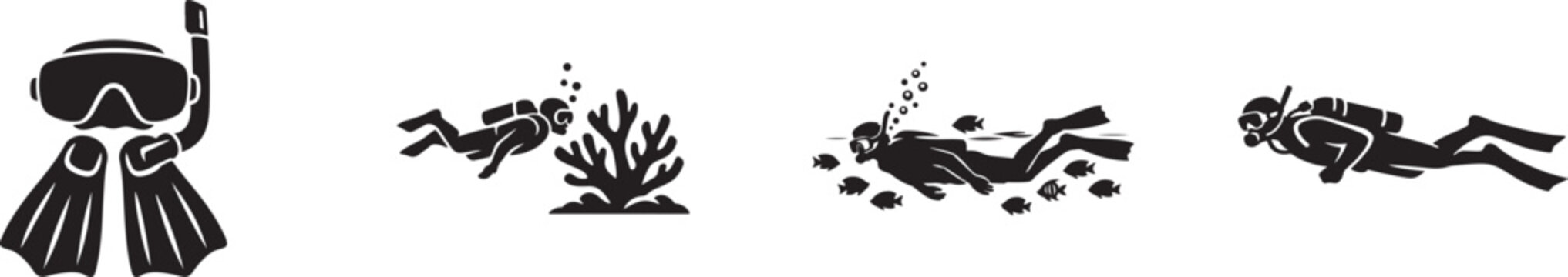 Scuba diving and snorkeling icon set with swimmer underwater adventure and marine sea life.