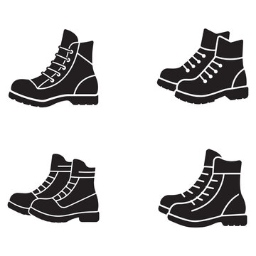 Collection of black boots with laces and different designs for fashion or work purposes  various styles of footwear