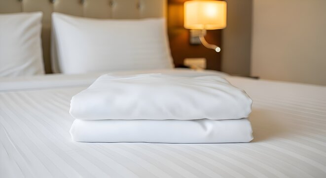 Neatly folded white hotel bed linens stacked on a crisp, clean bed with lamp.