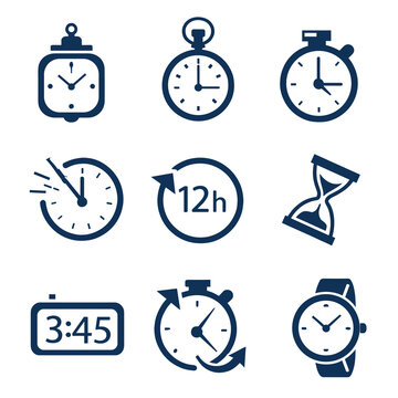 Stopwatch, Clock, and Hourglass Silhouette Vector Illustration