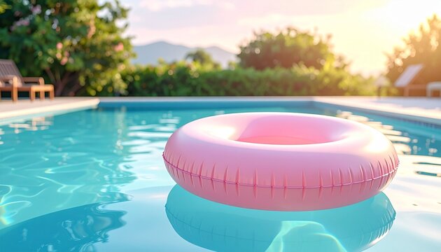 真夏のプールに浮かぶカラフルな浮き輪のイメージ画像
