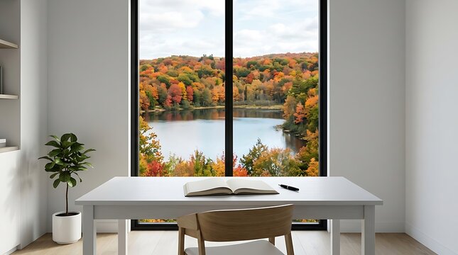 Minimalist home office desk with a beautiful autumn lake view as a virtual Zoom background