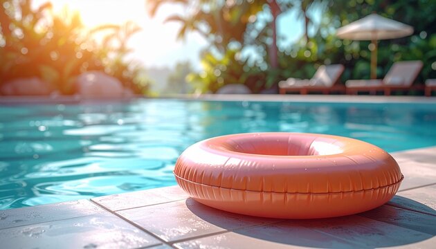 真夏のプールに浮かぶカラフルな浮き輪のイメージ画像