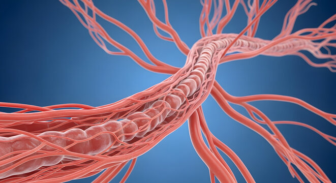 Detailed 3D Medical Illustration of Blood Vessels and Capillary Network in Human Anatomy


