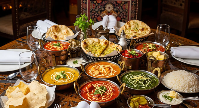 Indian feast displays an assortment of aromatic curries and fresh naan bread on a wooden table.