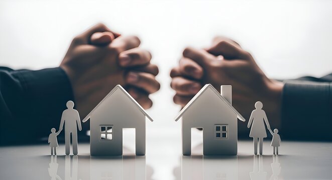 Couple's Hands Divided Over Split Houses and Family Figurines