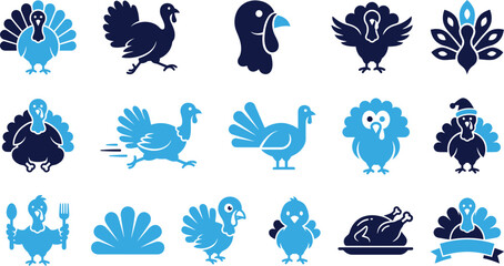 Various turkey icons, cooked bird, Thanksgiving symbols, and poultry illustrations.