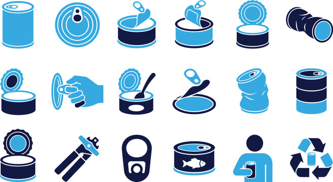 Collection of tin cans, opened and closed food containers, metal packaging, and can opener.