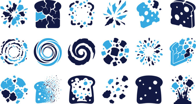 Abstract explosive and shattered icons in blue and navy representing breaking and destruction effects.