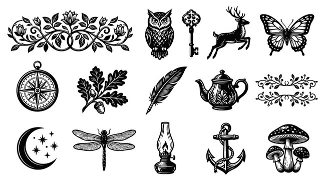 Vintage Nature and Fantasy Elements Collection. Detailed Black and White Engraving Style Line Art.