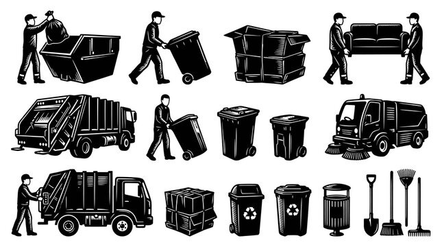 Black and White Line Art of Sanitation Workers, Trucks, and Bins