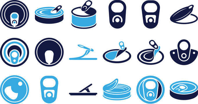 Set of stylized icons representing tin can opening and pull tabs for food and beverage packaging.