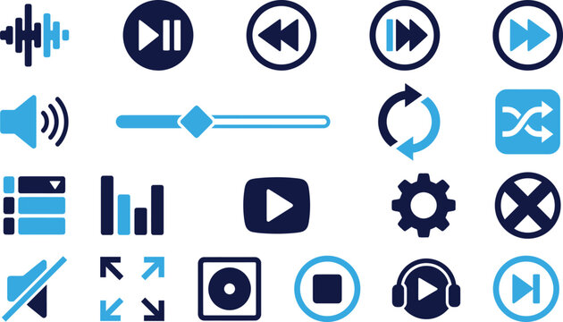 Audio and video player icons set with play, pause, stop, volume, and settings symbols isolated on white.