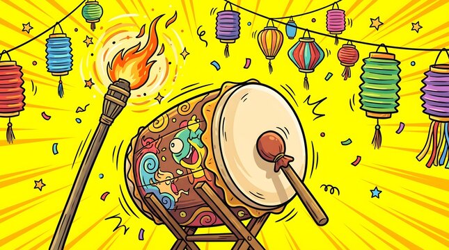 Festive Celebration Illustration with Traditional Drum and Lanterns