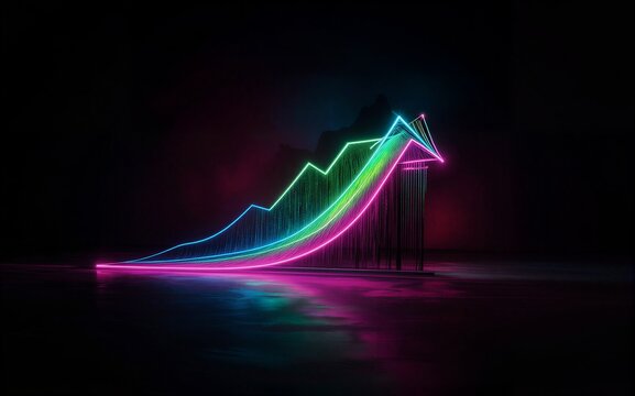 Neon arrow graph rises brightly against dark background symbolizing