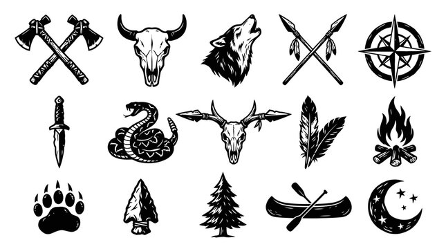 Native American Tribal  Wilderness Icons Set. Hand-Drawn Black  White Line Art Adventure Symbols Collection